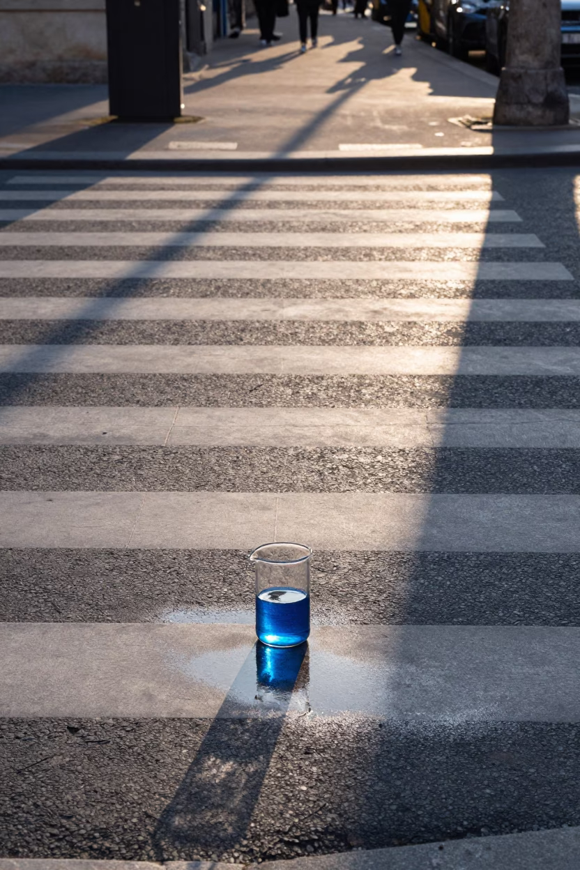 Paris France Morning Light on Zebra Crossing with Blue Liquid and Steam in in Paris, France