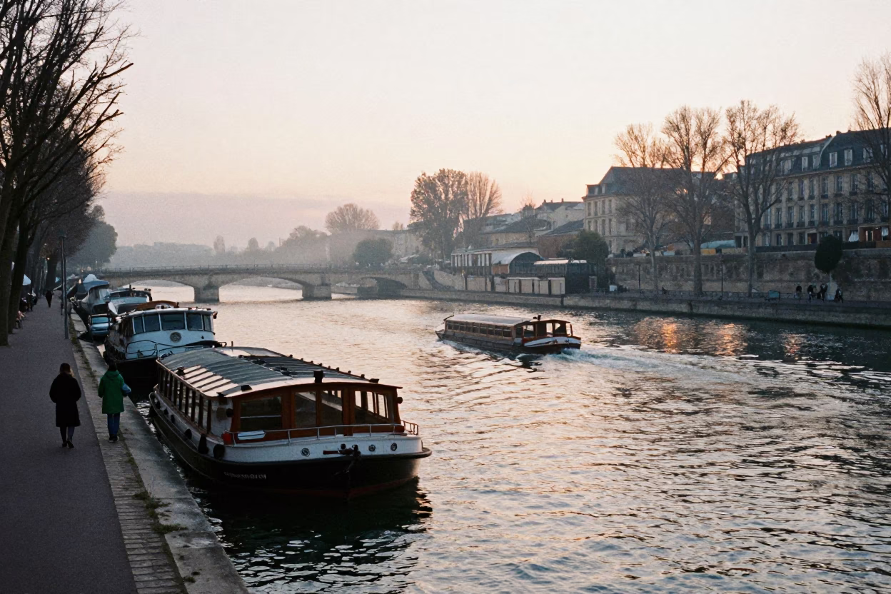 Paris France Nautical Dawn Raincoats on Canal Houseboats and Water Taxi in in Paris, France
