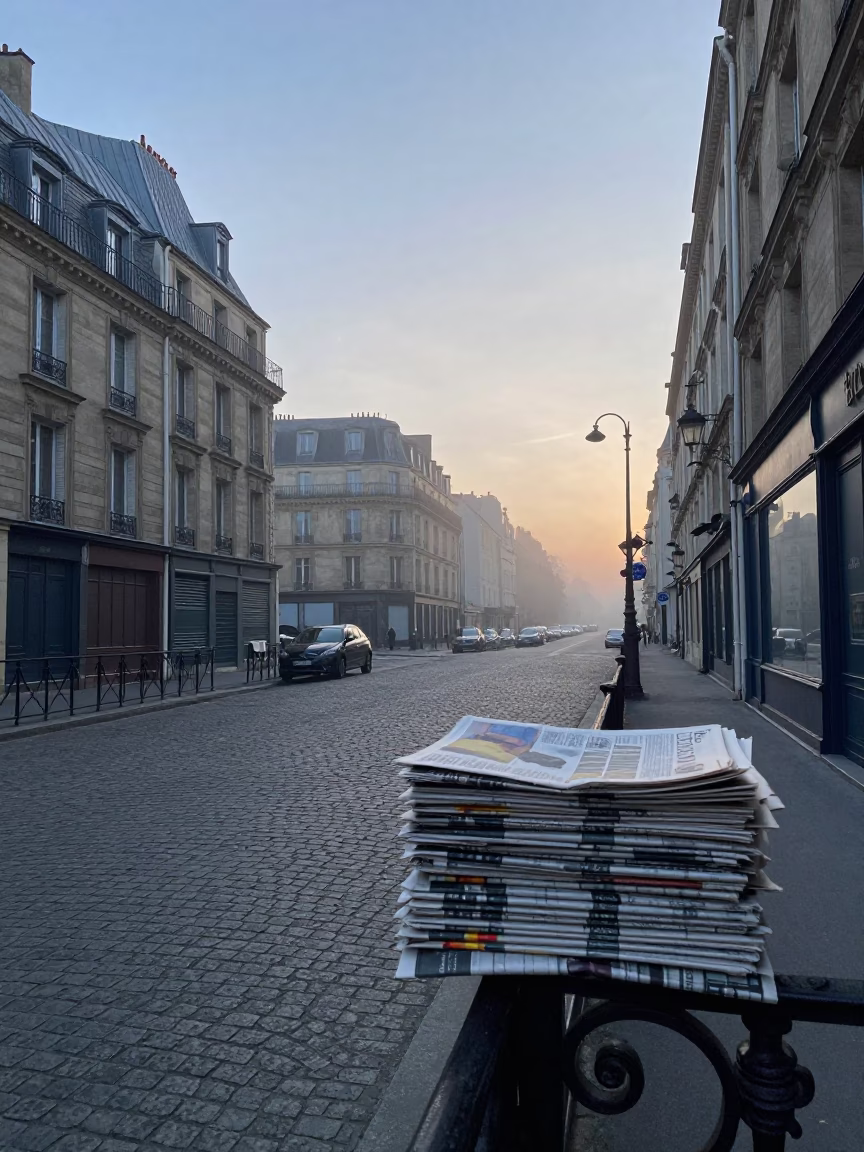 Paris France Nautical Dawn Street Scene with Newspaper Stack and Vintage Scooter in in Paris, France