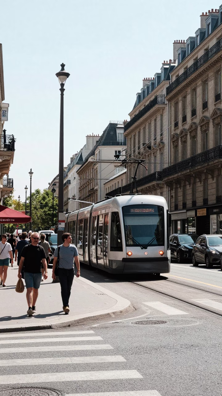 Paris France Noon Sunlight Street Scene with Monorail Transit and Urban Life in in Paris, France