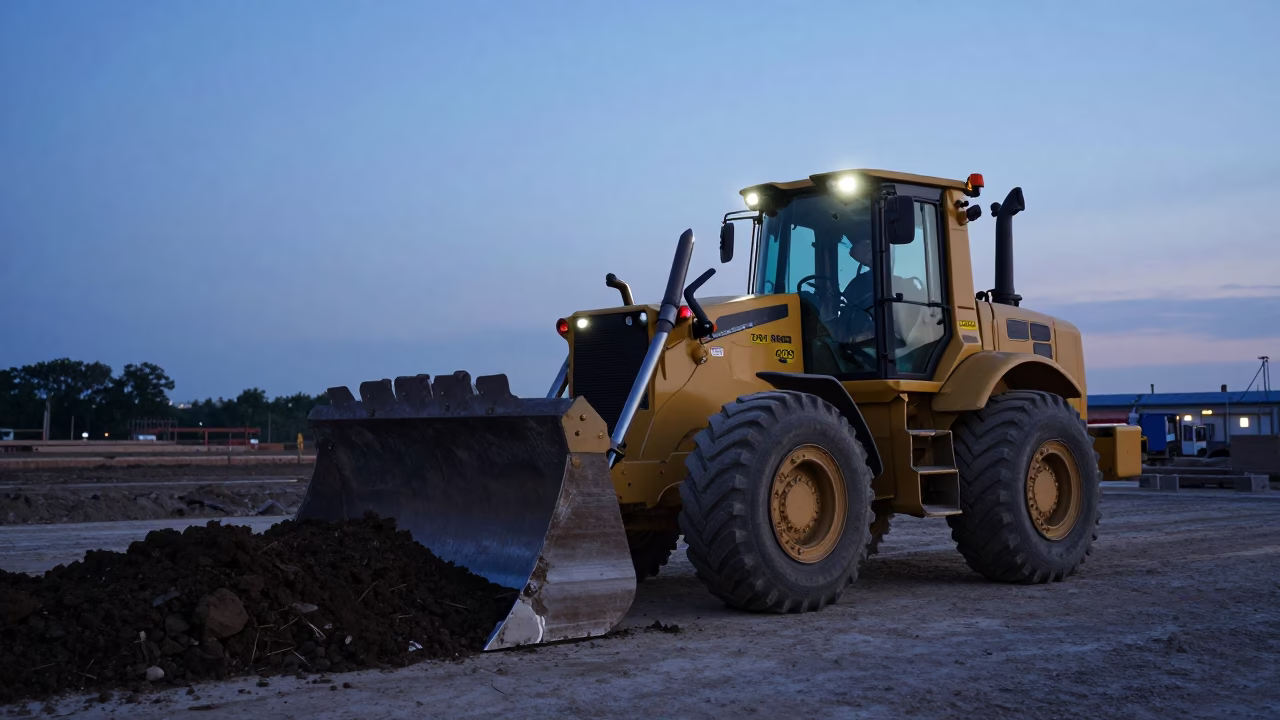 Paris France Pre-Dawn Construction Site with Bulldozer Pushing Earth in in Paris, France