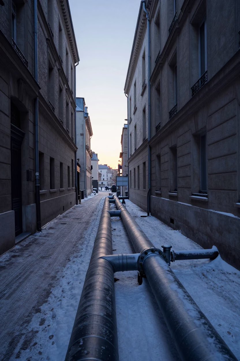 Paris France Pre-Dawn Street Scene with District Heating Pipes and Snow in in Paris, France
