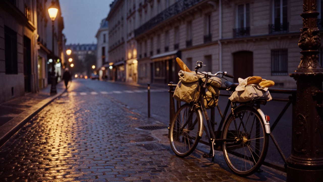 Paris France Predawn Street Scene with Bicycle and Carafe in 1970s Realistic Photography in in Paris, France