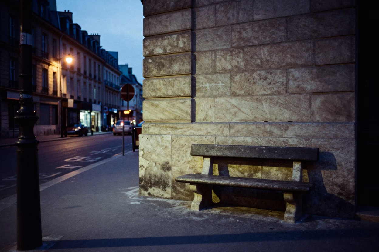 Paris France Predawn Street Scene with Stone Bench and Dust on Doorframe in in Paris, France