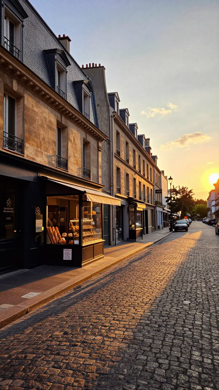 Paris France Sunset Street Scene with Baguettes and Palmiers in in Paris, France