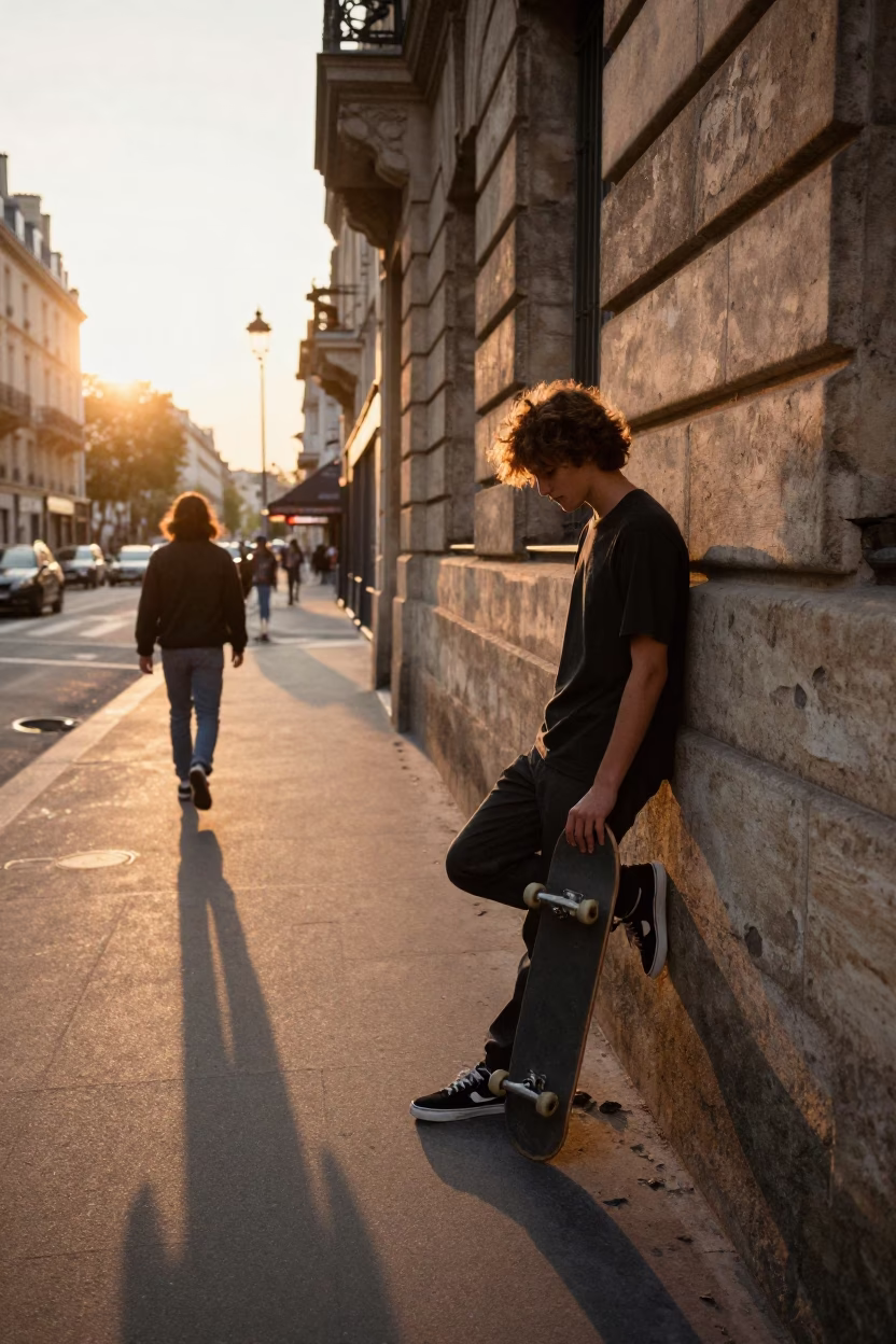 Paris France Sunset Street Scene with Skateboarder and Vintage Urban Details in in Paris, France