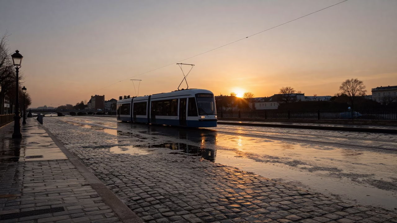 Paris France Sunset Tramcar Reflection on Wet Cobblestones Near Canal in in Paris, France