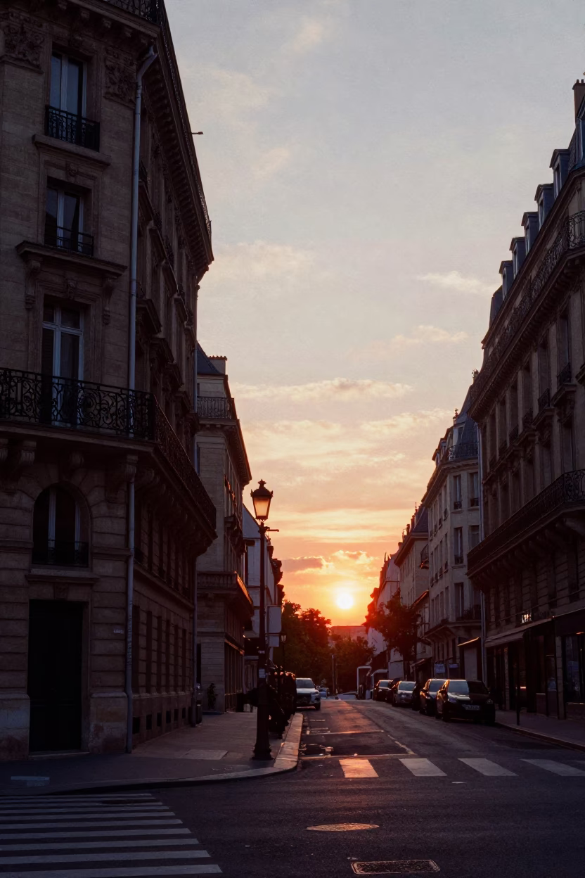 Paris France Sunset View of Historic Stone Architecture and Street Life in in Paris, France