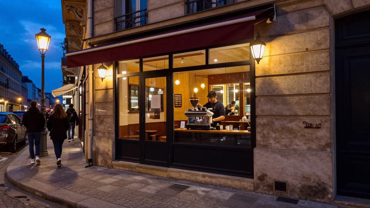 Paris France Twilight Street Scene with Café Coffee Grinder and Stone Aqueduct Architecture in in Paris, France