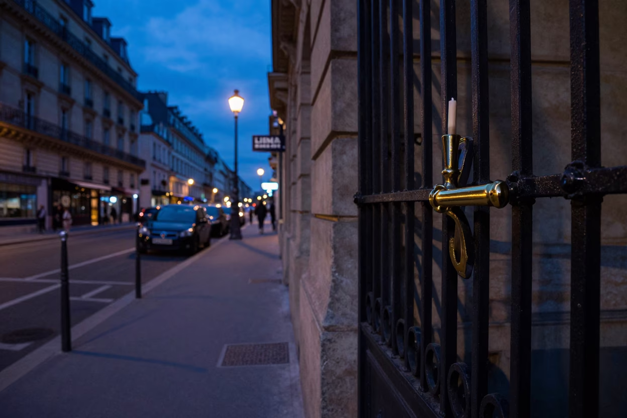 Paris France Twilight Street Scene with Taper Candle and Gate Handle in in Paris, France