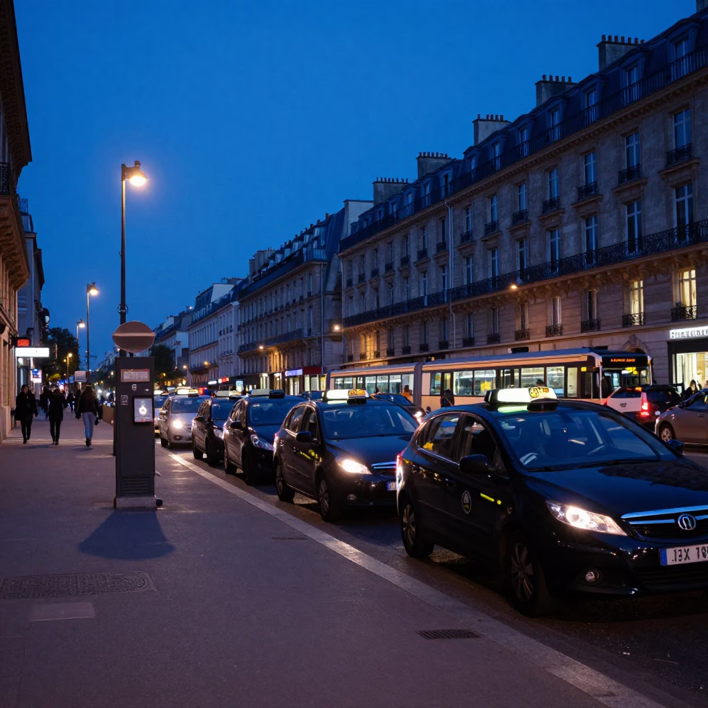 Paris France Twilight Street Scene with Taxi Rank and Urban Life in in Paris, France