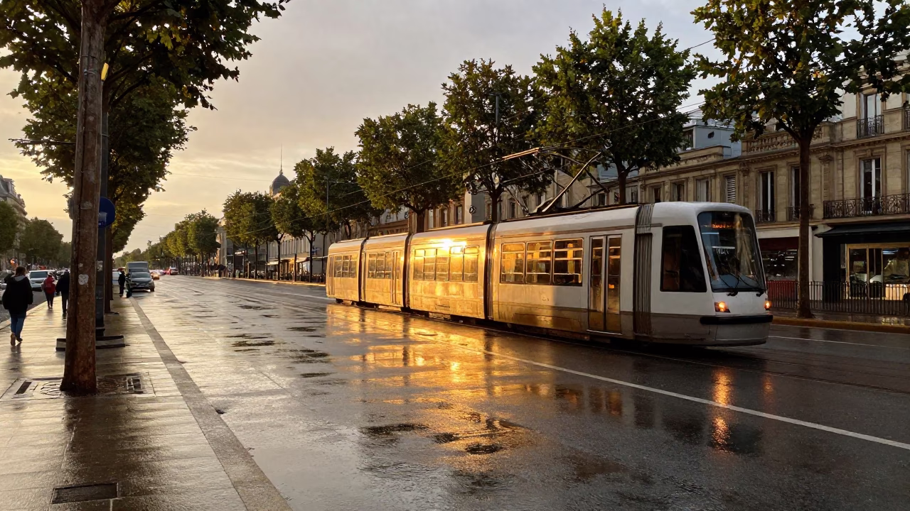 Paris Golden Hour Street Scene with Tramcar and Rain-Slicked Overpass in in Paris, France