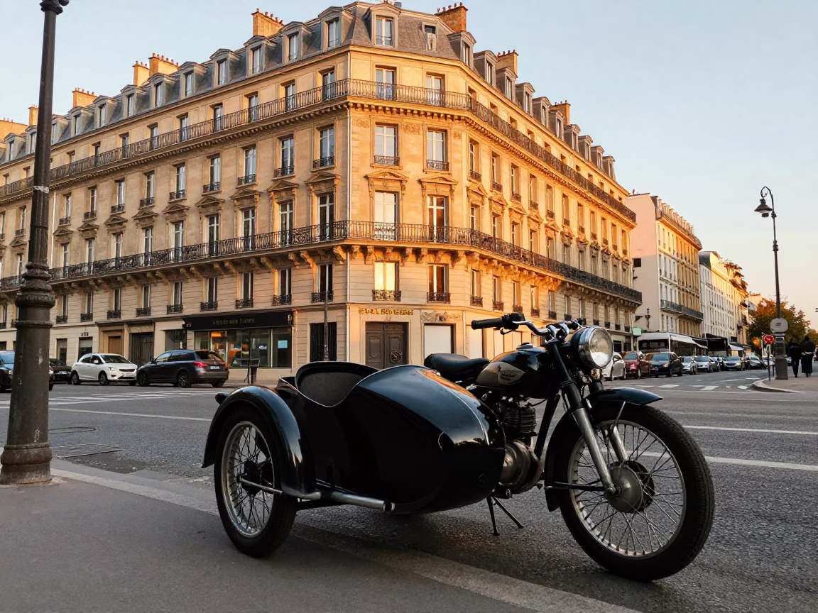 Paris Golden Hour Street Scene with Vintage Motorcycle Sidecar and Bent Metal Folding Chair in in Paris, France