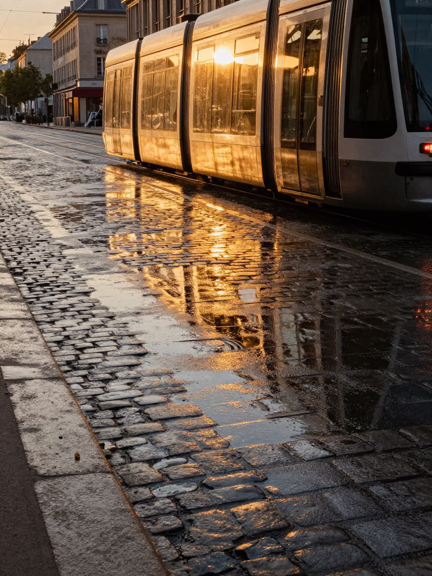 Paris Golden Hour Tram Reflection on Cobblestone Street Near Gare du Nord Station in in Paris, France
