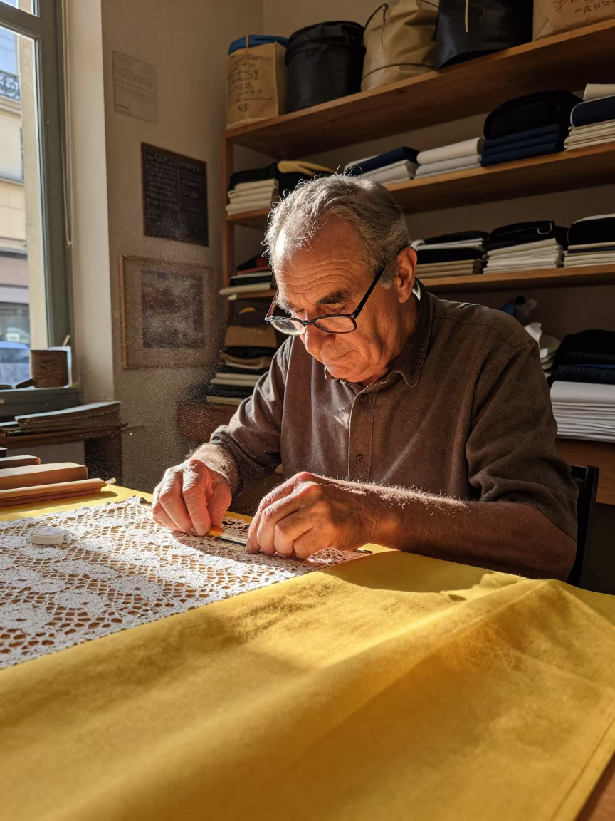 Paris Lace Maker Portrait Evening Light in in a modest tailor's shop in Paris