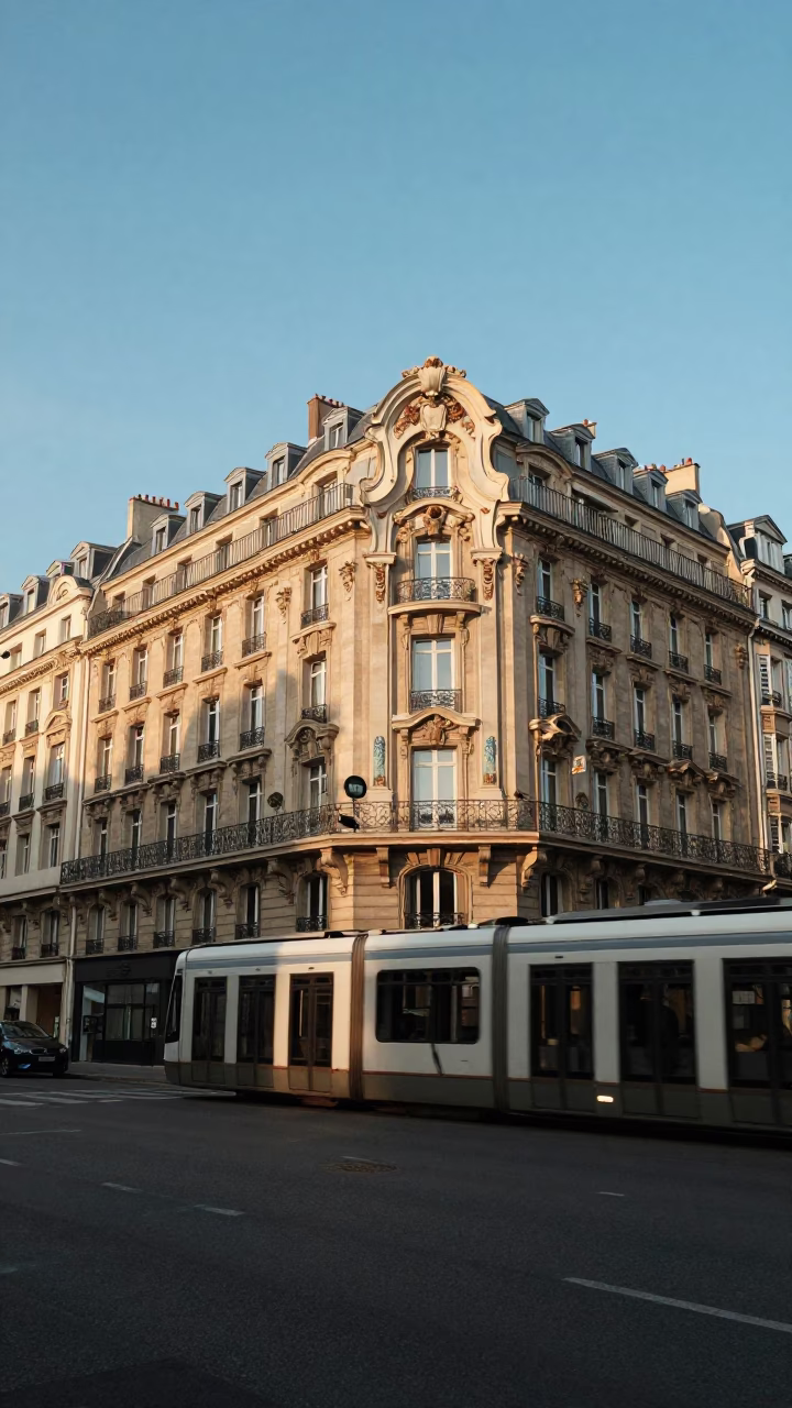 Paris Late Afternoon Street Scene with Art Nouveau Facades and Tram in in Paris, France
