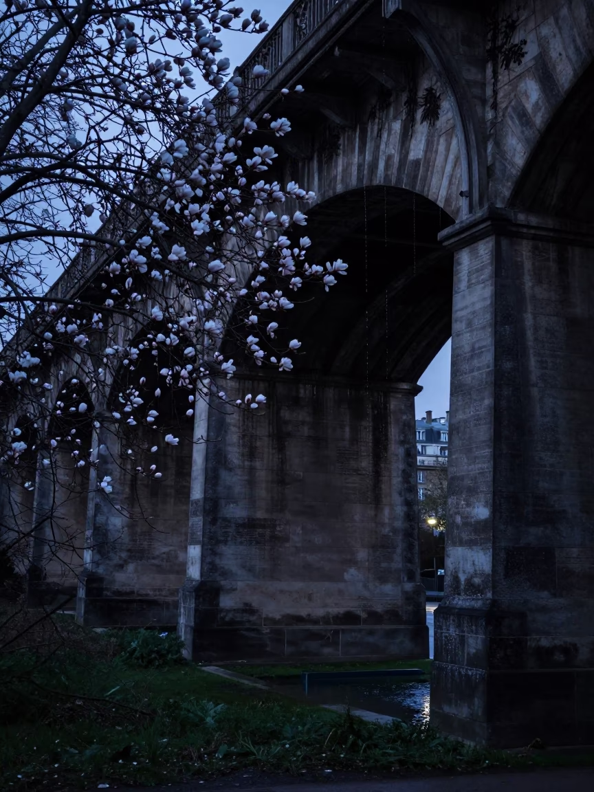 Paris Magnolia Bloom at The Predawn Darkness Light in in Paris, France