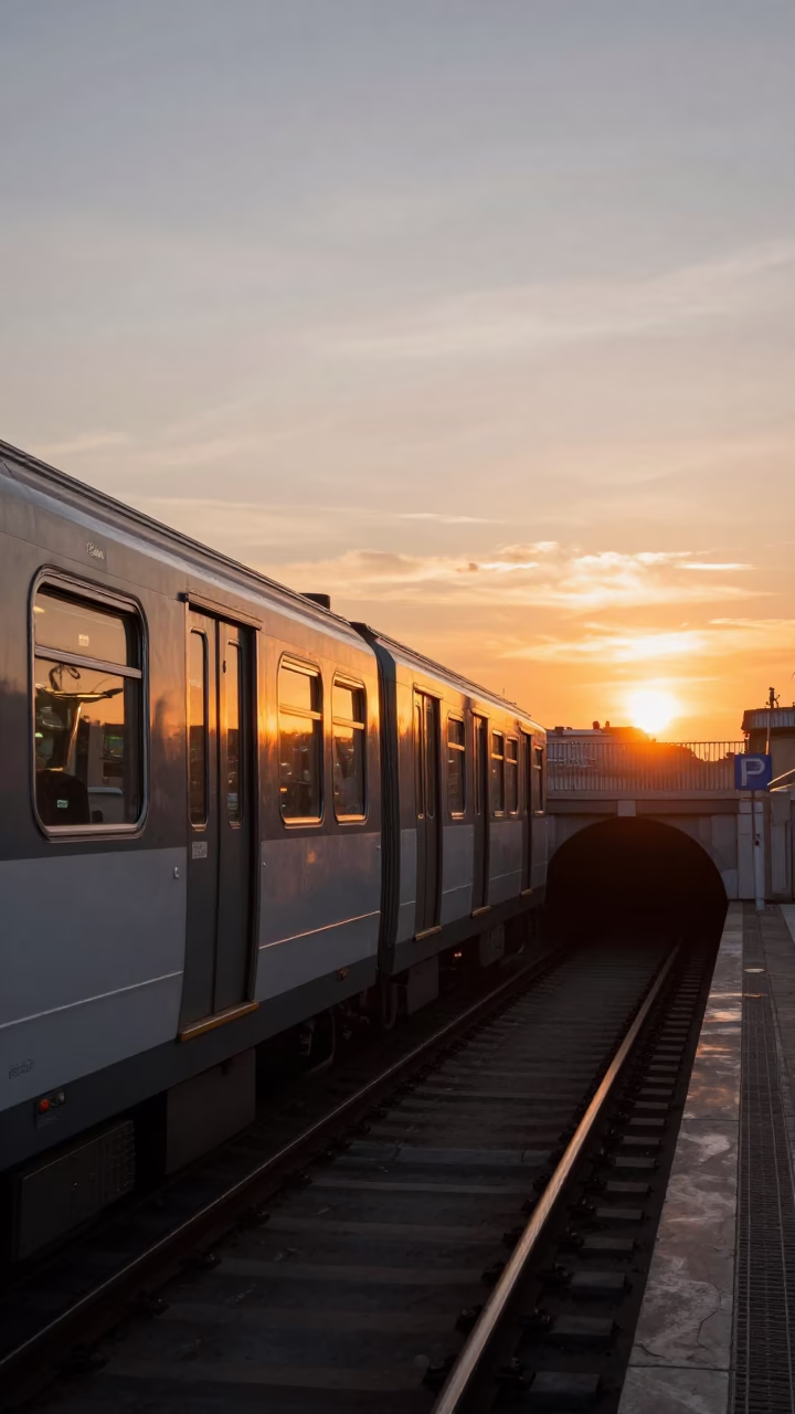 Paris Metro Train Emerging from Tunnel at Sunset with Faceted Glass Light Reflections in in Paris, France