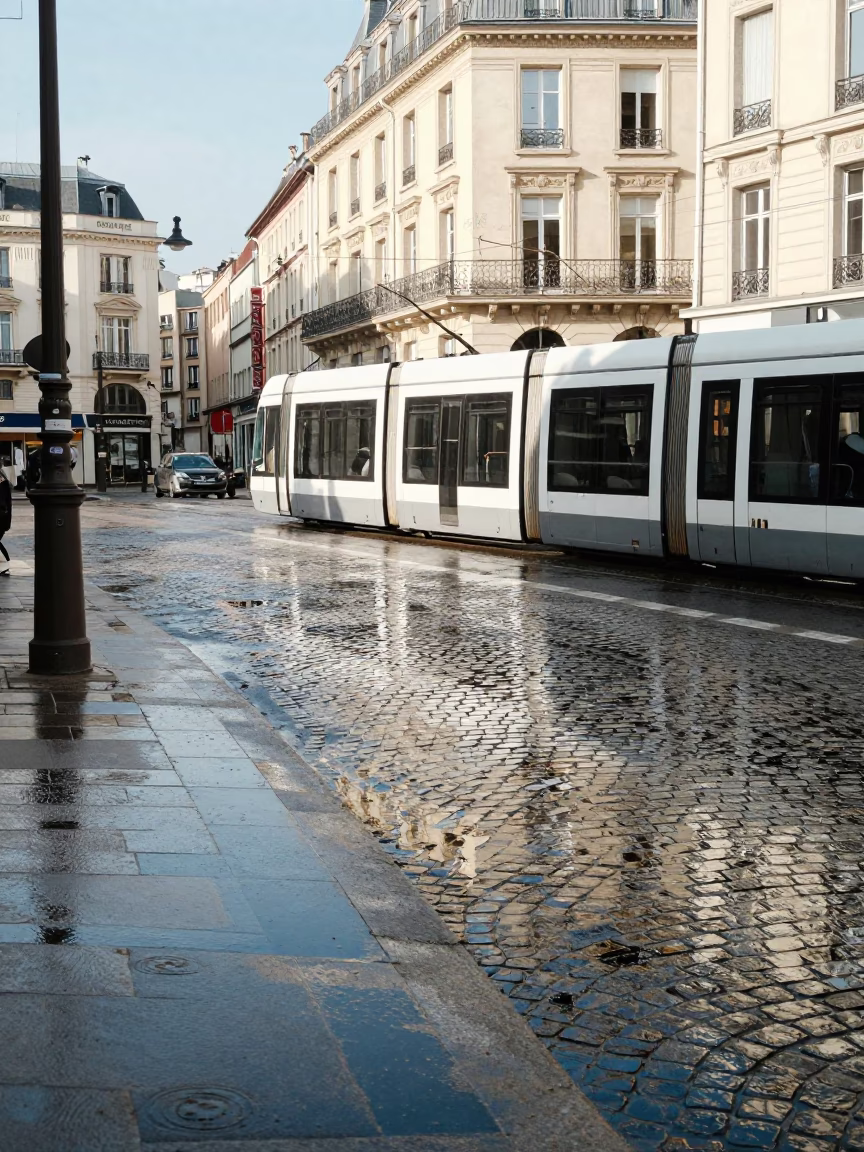 Paris Midday Street Scene with Tram Reflection and Cobblestone Rain Puddles in in Paris, France