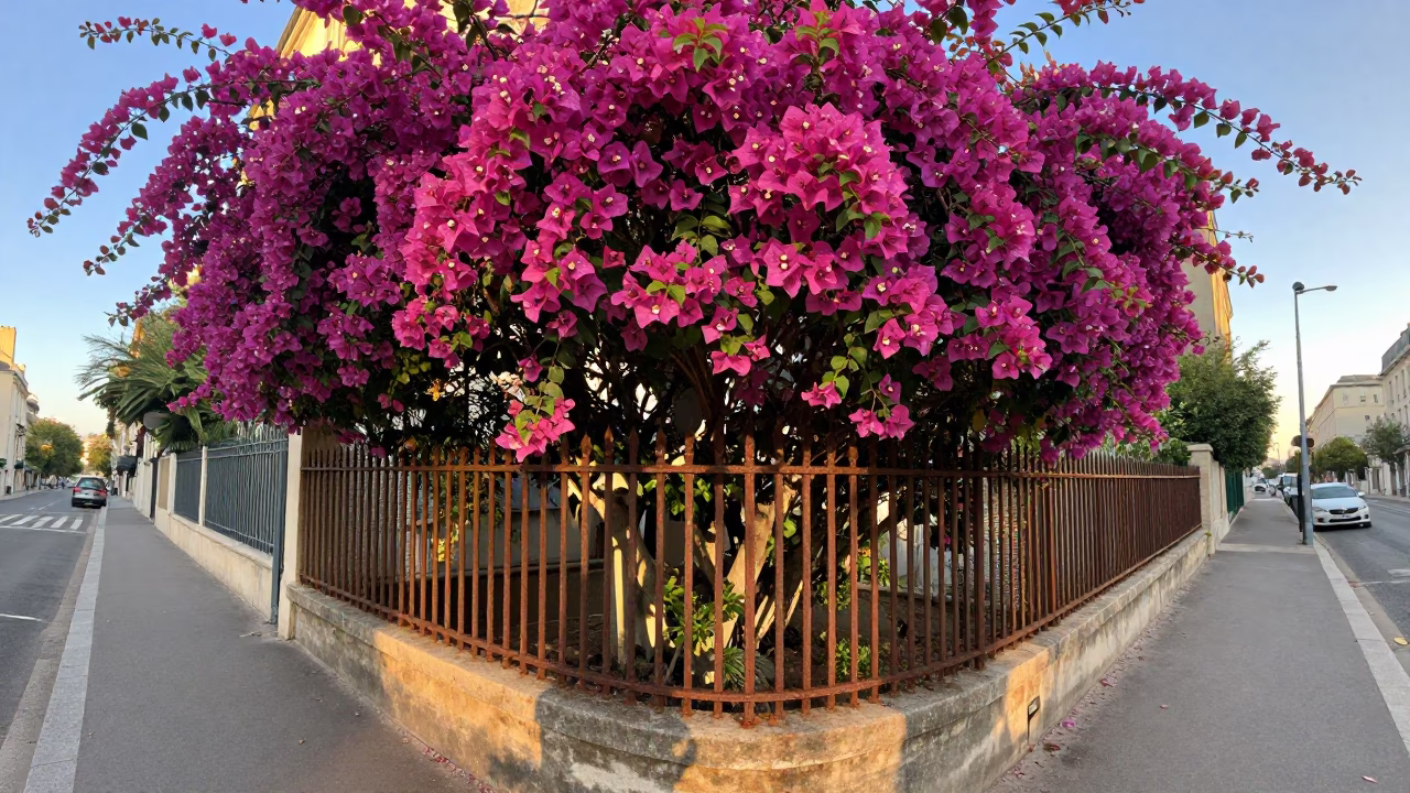 Paris Morning Light Bougainvillea Dew and Substation Fence in France in in Paris, France