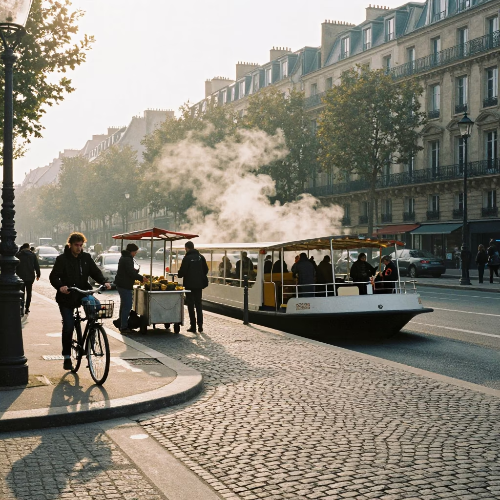 Paris Morning Light on Cobblestone Street with Bicycle Ferry Dock and Steam Haze in in Paris, France
