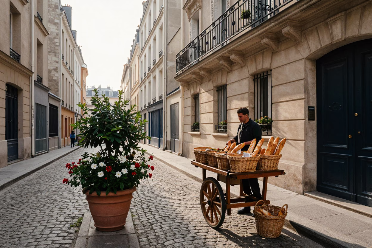 Paris Morning Street Scene with Flowerpot and Basket at First Light in in Paris, France