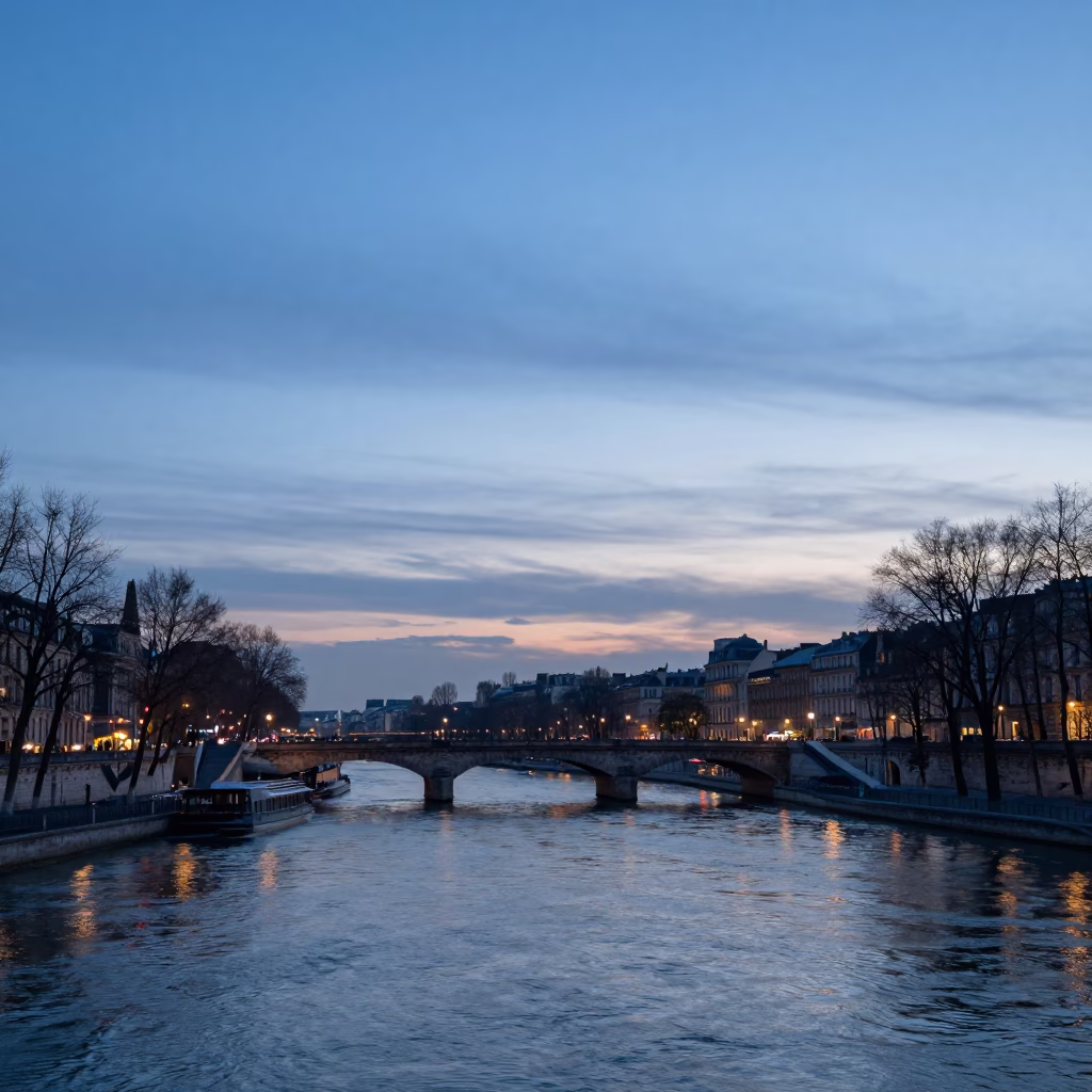 Paris Nautical Dawn Cityscape with Seine River Reflections and Urban Architecture in in Paris, France
