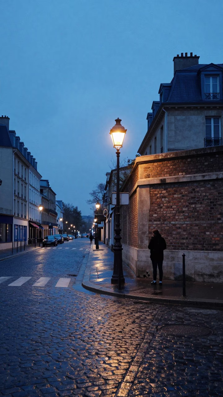 Paris Nautical Dawn Street Scene with Book Light and Coat Brush in in Paris, France