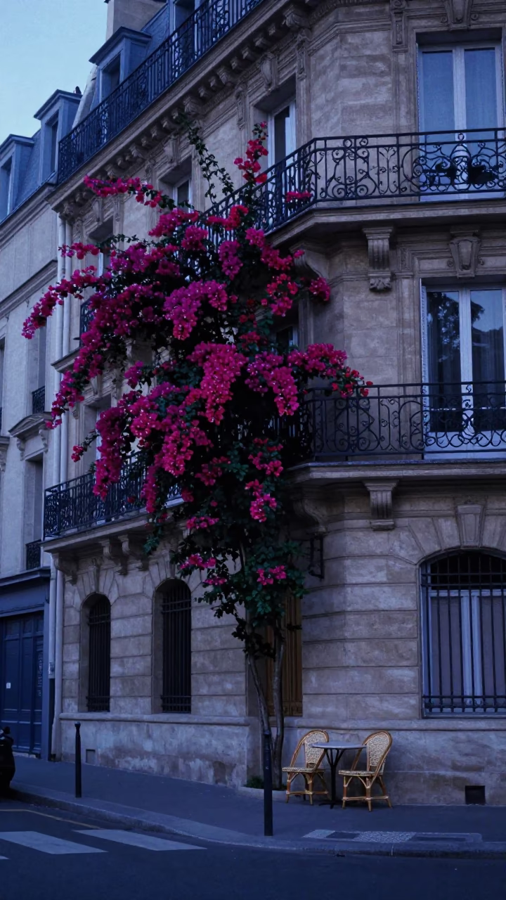 Paris Nautical Dawn Street Scene with Bougainvillea and Rattan Chair in in Paris, France