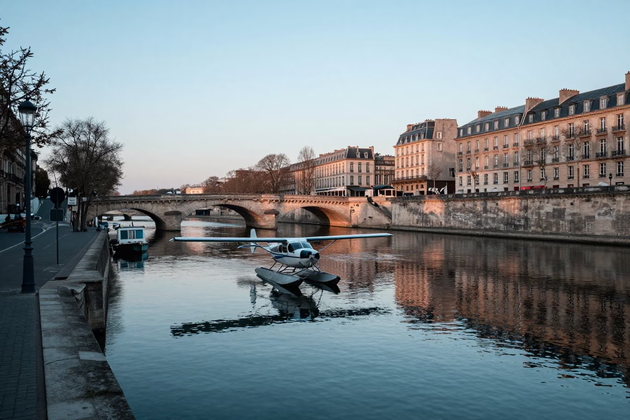 Paris Nautical Dawn Street Scene with Floatplane Reflection on Glassy River in in Paris, France