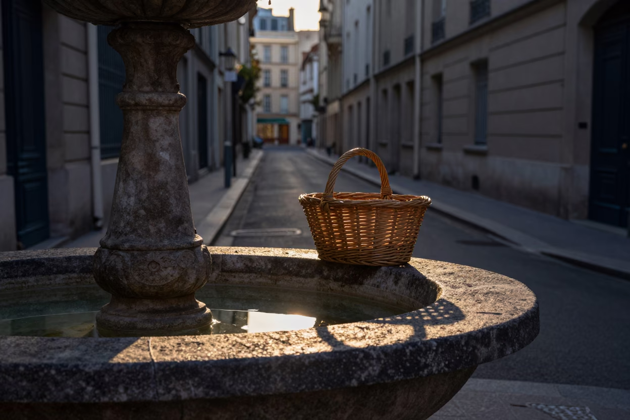 Paris Nautical Dawn Street Scene with Wicker Shadow on Basin and Heirloom Key in in Paris, France