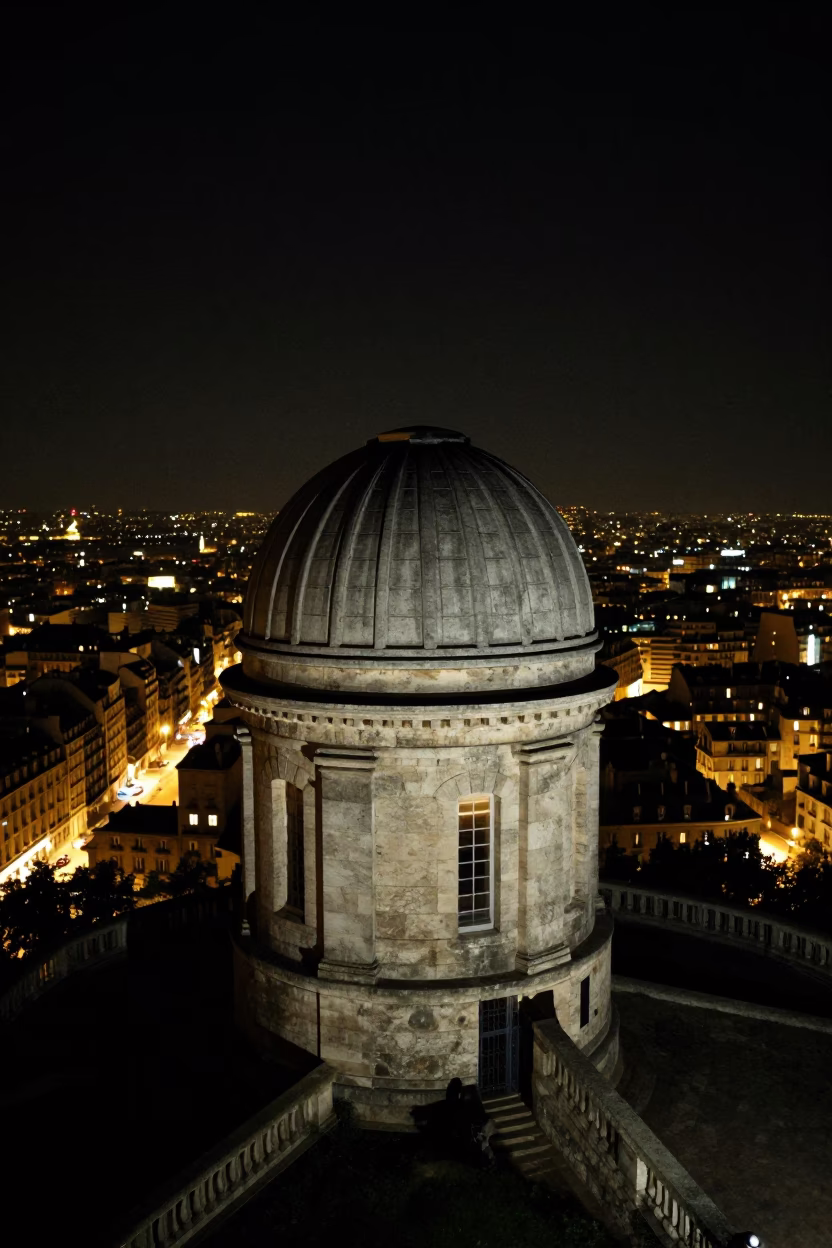Paris Night Scene Stone Observatory on Hilltop Under Deep Night Sky in in Paris, France