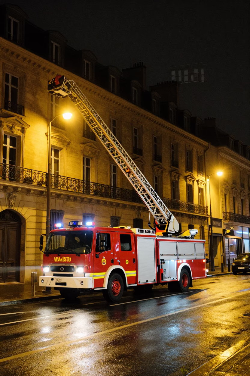 Paris Night Scene with Fire Engine Ladder Extended and Carafe on Table in in Paris, France