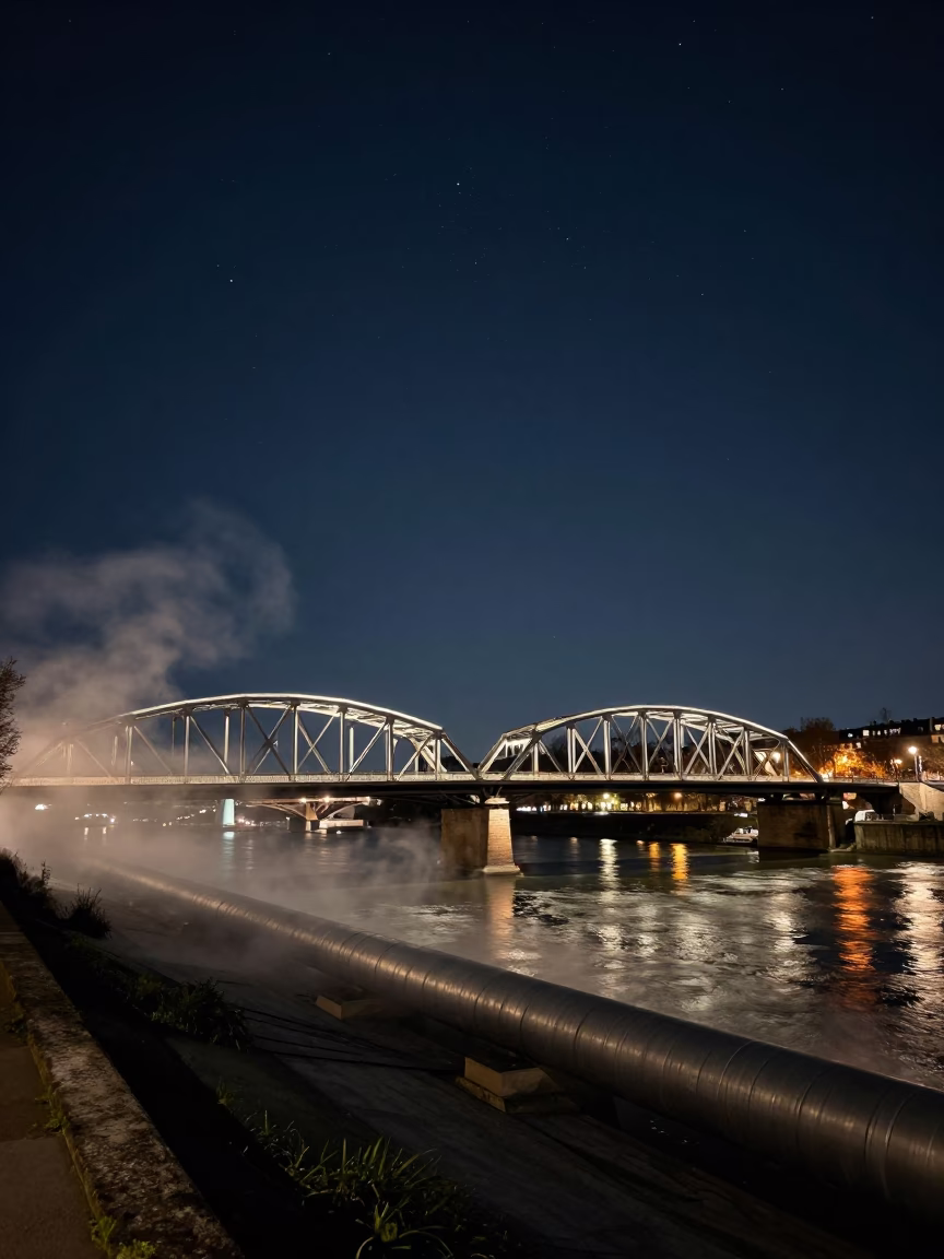 Paris Night Sky Illuminated by Floodlit Iron Bridge and District Heating Steam in in Paris, France