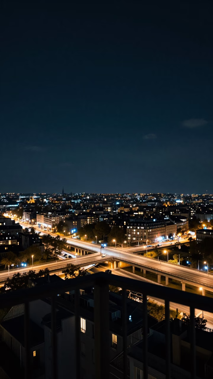 Paris Night Skyline View from Balcony with Highway Flyover and Urban Details in in Paris, France