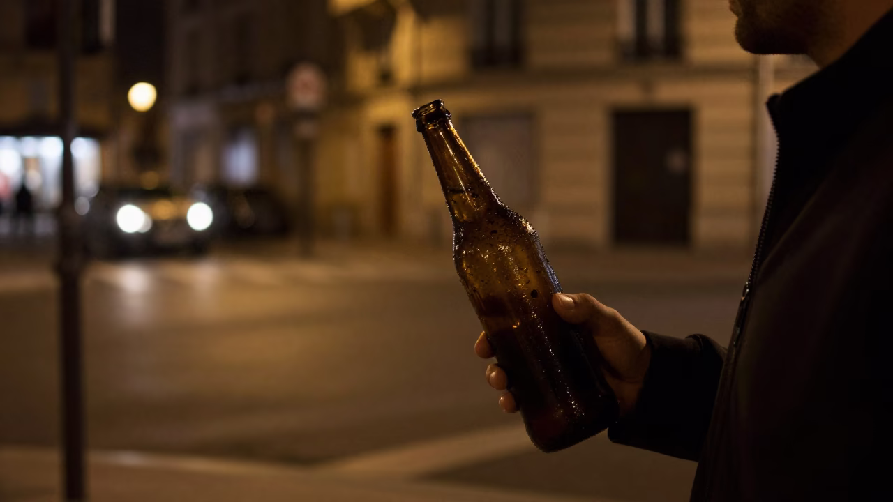 Paris Night Street Scene with Condensation on Bottle Neck and Concrete Cooling Canal Details in in Paris, France