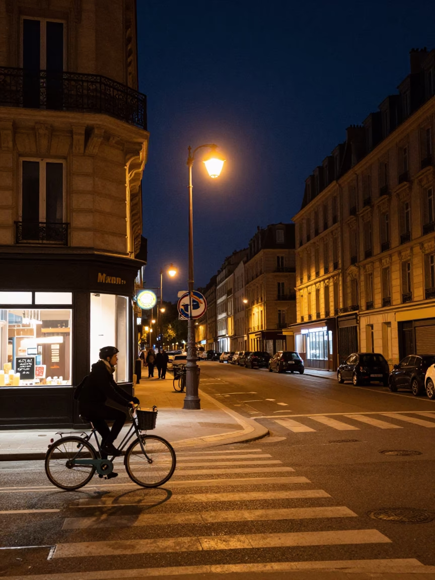 Paris Night Street Scene with Cyclist and Vintage Enamel Kitchenware in in Paris, France