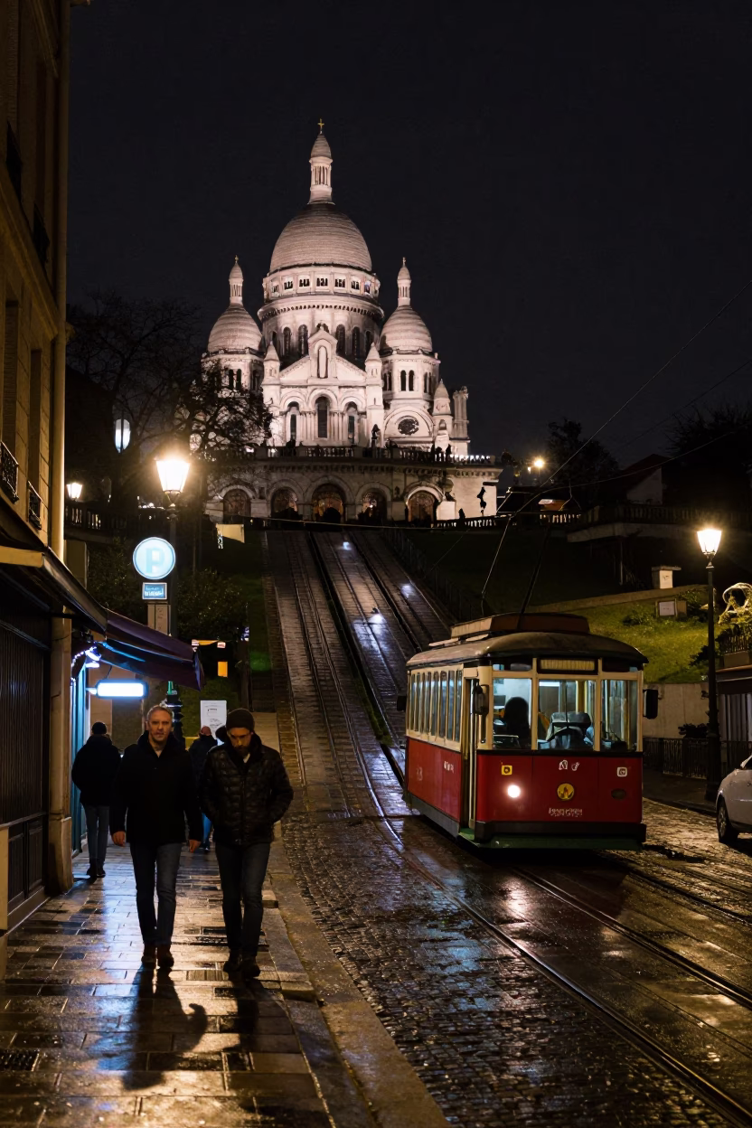 Paris Night Street Scene with Funicular Railway and Wet Cobblestone Reflections in in Paris, France