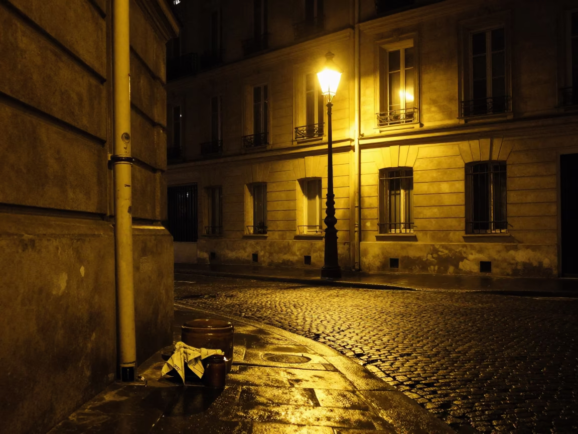Paris Night Street Scene with Handkerchief and Jar on Stone Curb in in Paris, France