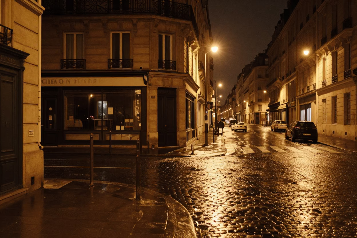 Paris Night Street Scene with Vintage 1970s Aesthetic and Urban Elements in in Paris, France