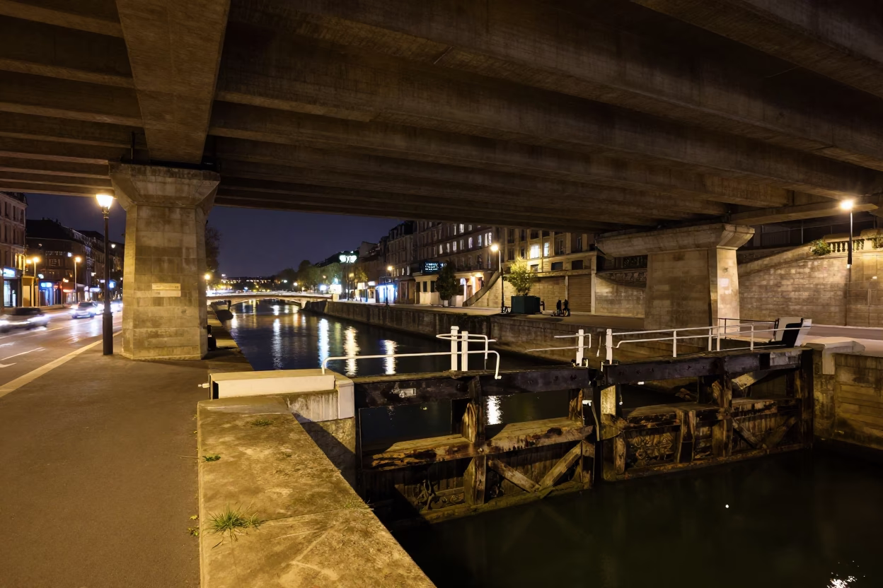 Paris Night View Under Flyover with Traffic Shadows on Canal Bridge in in Paris, France