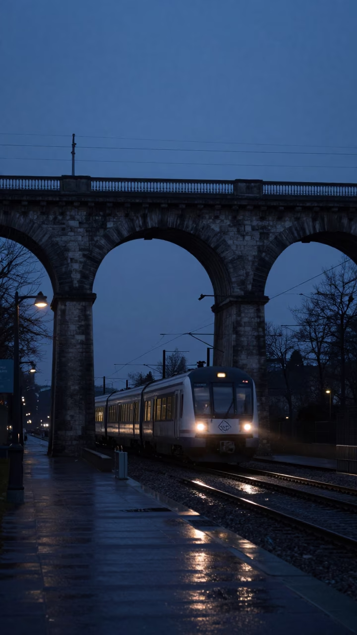 Paris Predawn Railway Viaduct Arches and Passing Train in Early Morning Darkness in in Paris, France