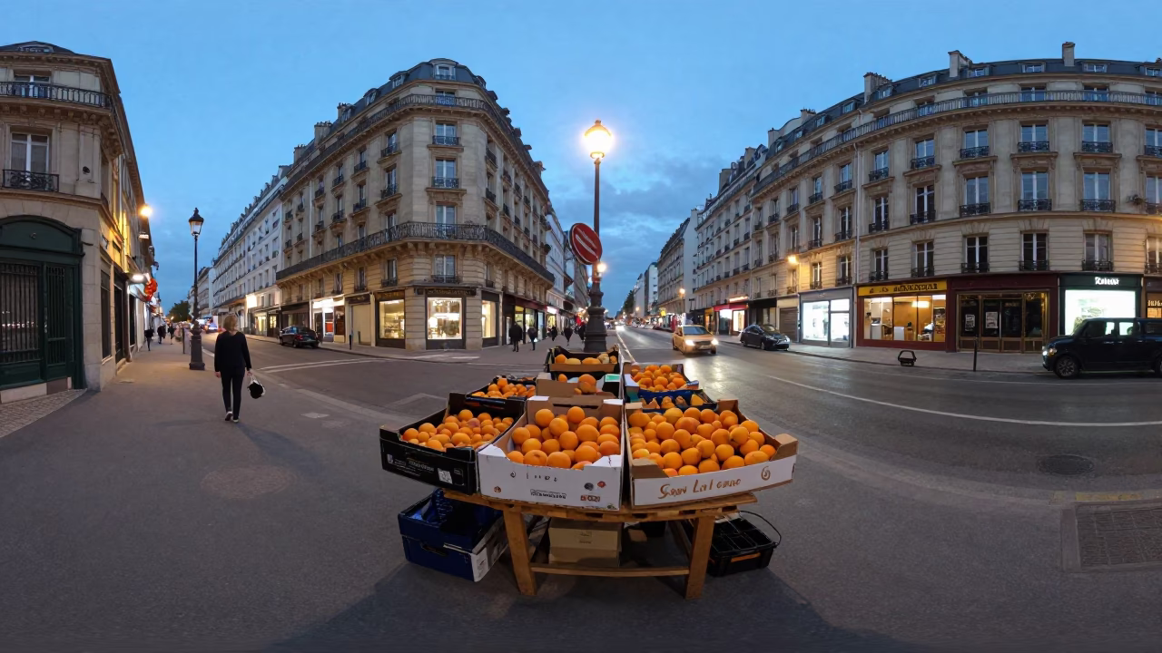 Paris Street Scene at As City Lights Begin To Glow in in Paris, France