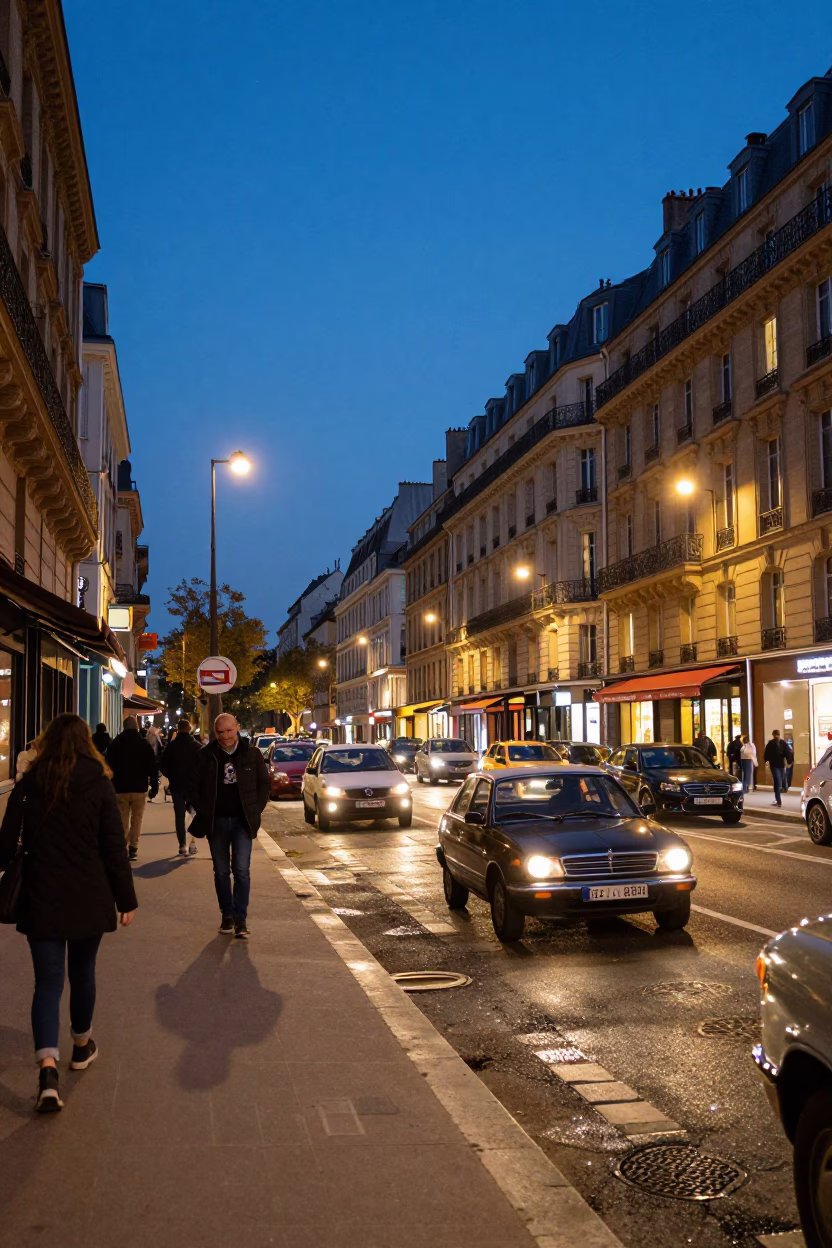Paris street scene at dusk with glowing lights and vintage 1970s ambiance in in Paris, France