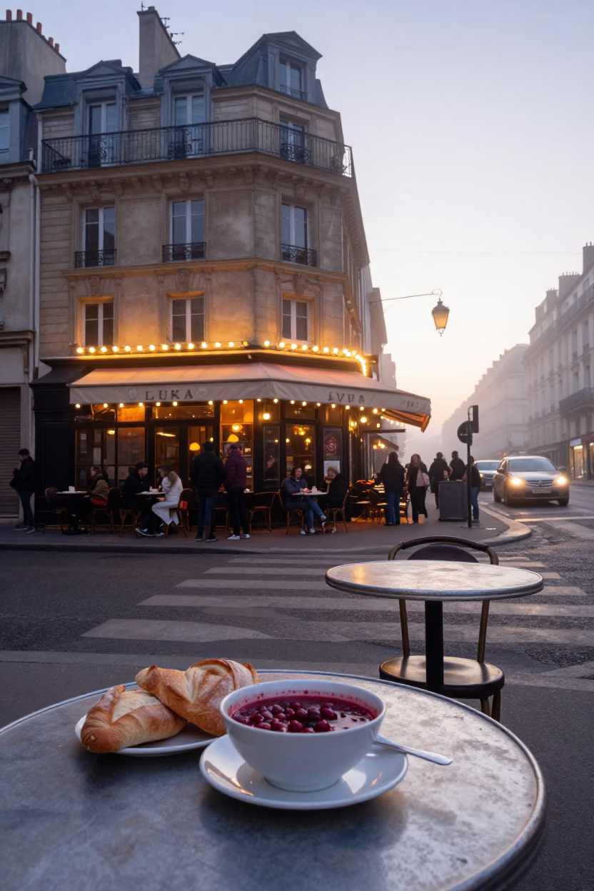 Paris Street Scene at Nautical Dawn with Vintage Café Details in in Paris, France