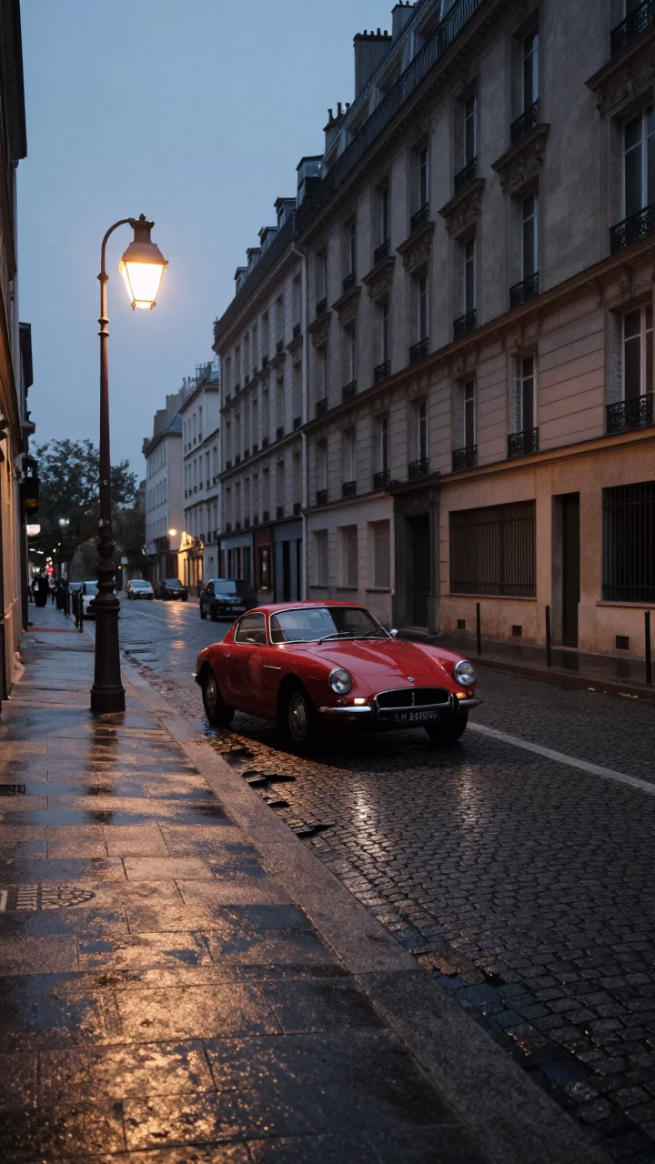 Paris Street Scene at Predawn with Vintage Elements in in Paris, France