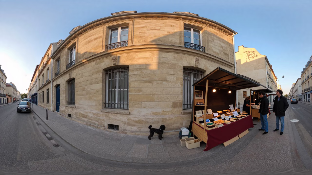 Paris Street Scene Just After Sunrise with Poodle and Local Market Stall in in Paris, France