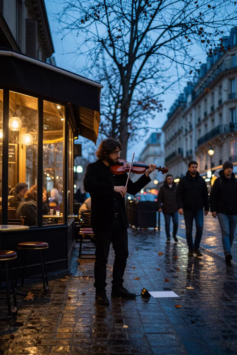 Paris Street Violinist at Dusk in Autumn in at a street corner busking spot in Paris