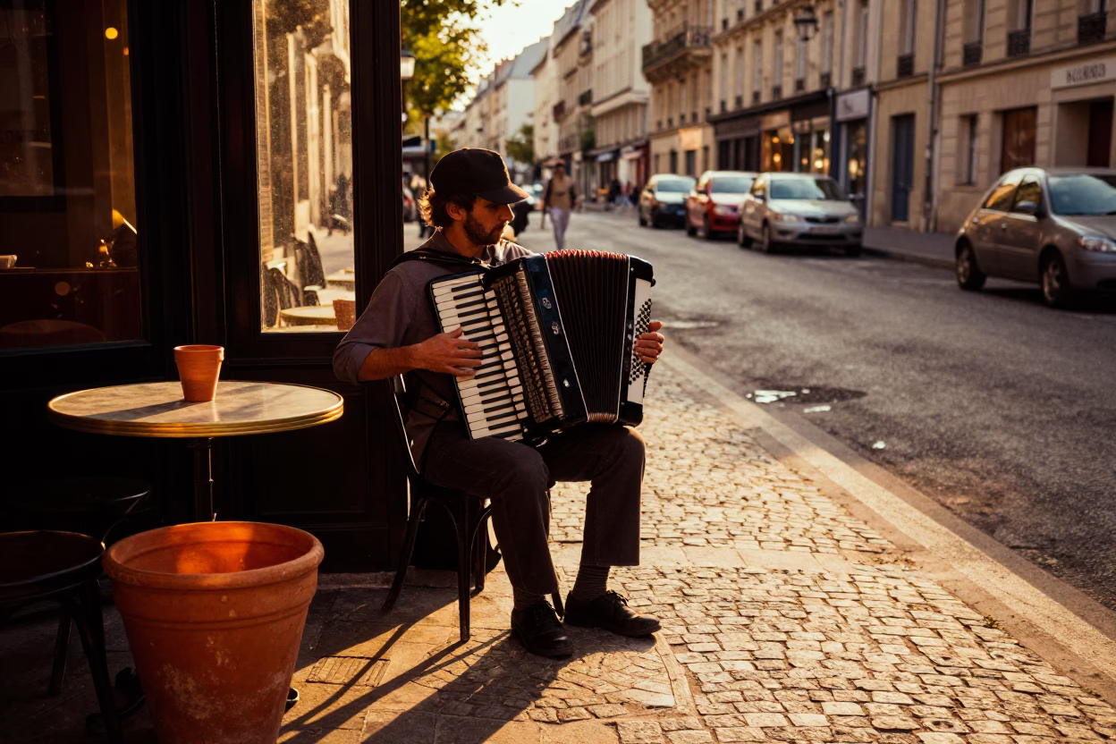 Paris Sunset Street Scene with Accordion Player and Terracotta Pot on Cobblestone in in Paris, France
