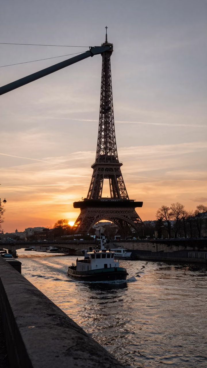 Paris Sunset Street Scene with Bridge Maintenance Cradle and River Traffic in in Paris, France